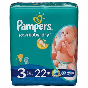 Подгузники PAMPERS Active Baby Midi (4-9 кг) Стандартная Упаковка 22 шт., р.3