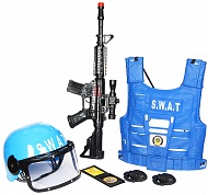Набор полицейского с автоматом, бронежилетом, каской с защитой глаз и акссесуарами SW-204 в сетке