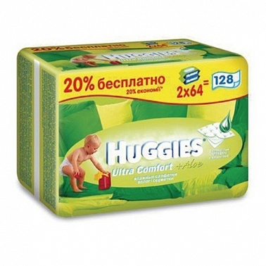 Салфетки влажные HUGGIES Ultra Comfort+ALOE сменный блок 2Х64шт